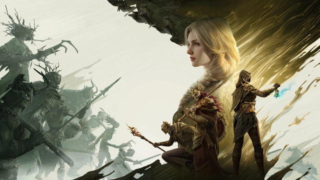 Fantasy illustration of armored warriors and a blonde woman facing a shadowy advancing horde with golden energy ribbons.