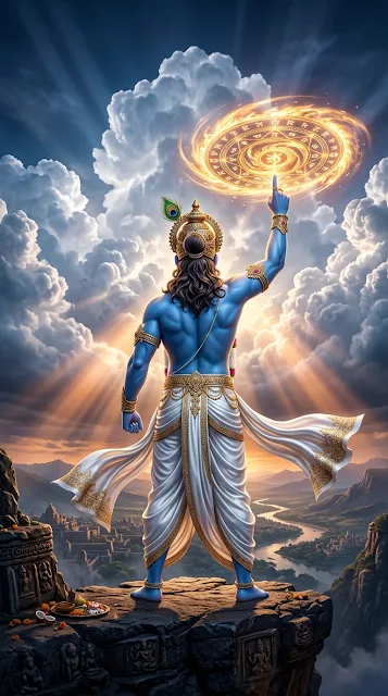 Dramatic Back View of Lord Krishna Holding a Golden Glowing Wheel - Free 4K & 8K mobile Wallpaper