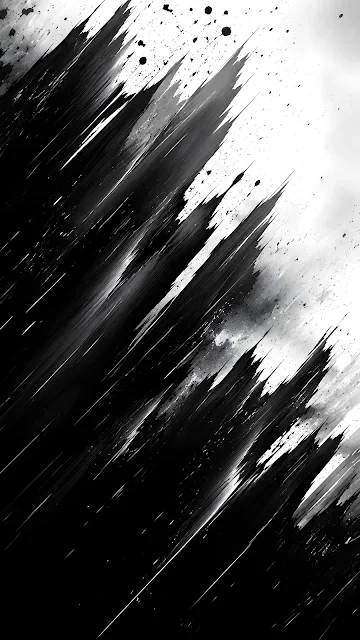 High-contrast diagonal black ink brush strokes and paint splatters against a clean white textured background.