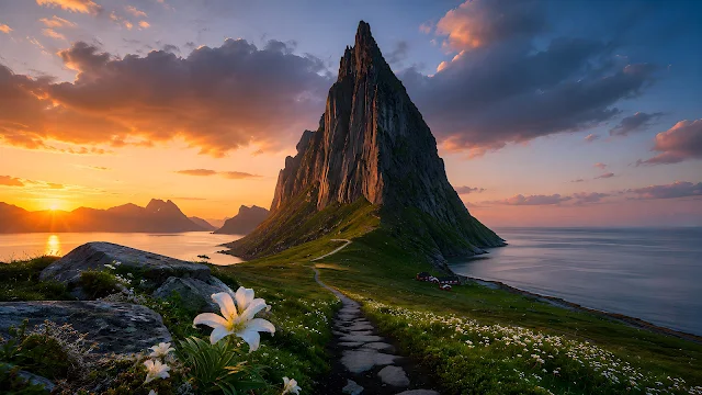 Wide view of a steep mountain pinnacle rising above the ocean at sunset, with a stone footpath and white flower in the foreground.