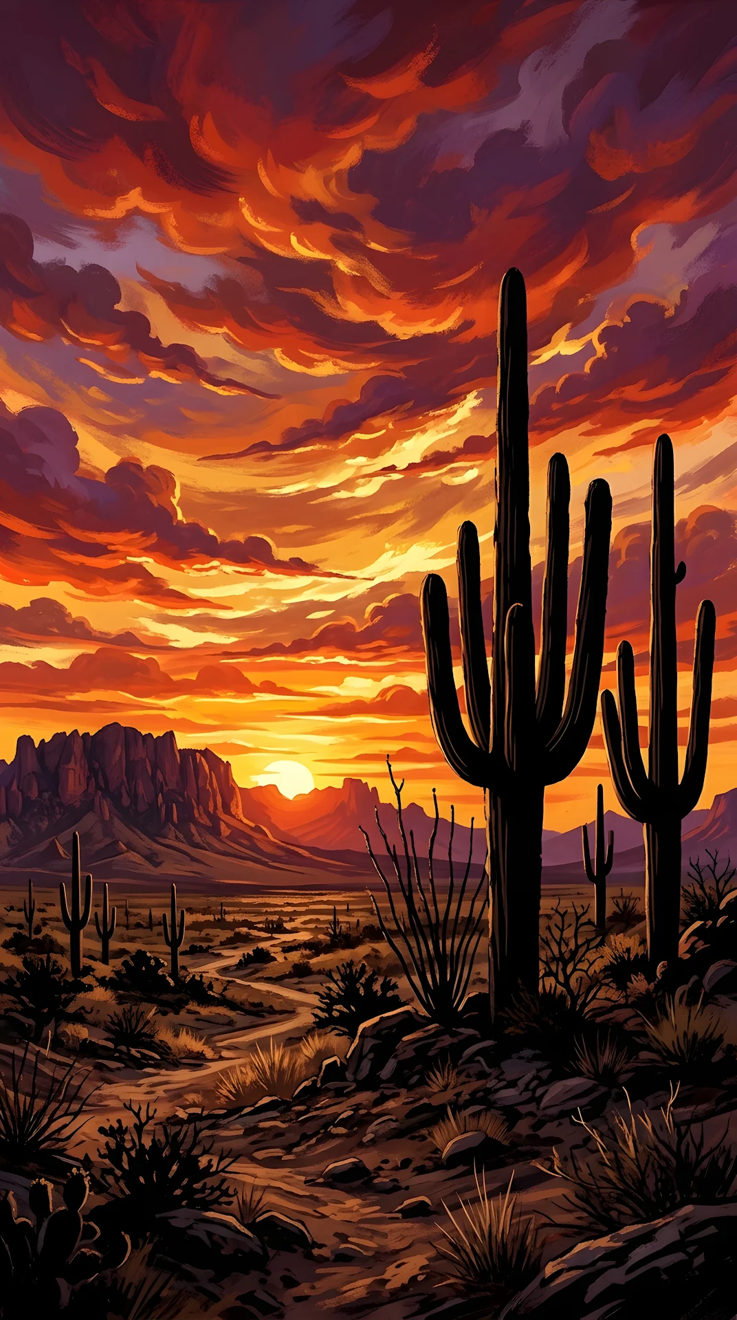Dramatic Desert Sunset Landscape with Cacti Silhouettes - Free 4K mobile Wallpaper