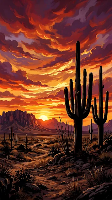 Dramatic Desert Sunset Landscape with Cacti Silhouettes - Free mobile Wallpaper