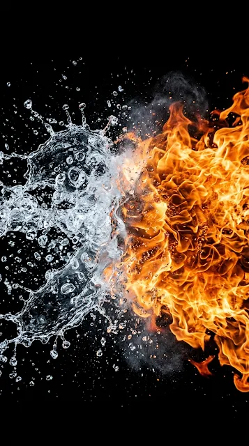 Dramatic Fire and Water Clash Splash on Pitch Black Wallpaper - Free 4K & 8K mobile Wallpaper