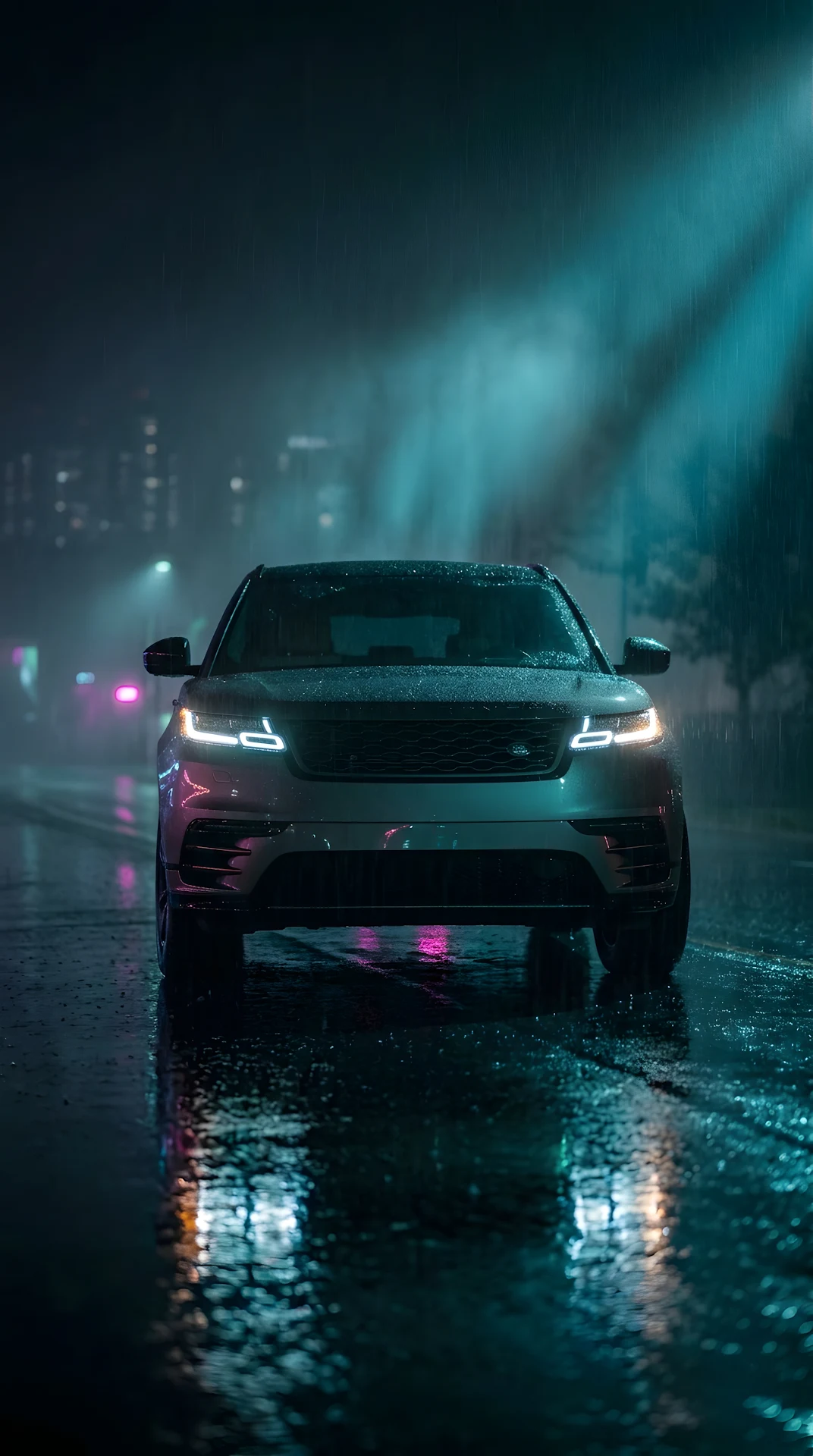 Dramatic Front View of a Luxury SUV in a Rainy, Foggy Night Environment - Free 4K mobile Wallpaper