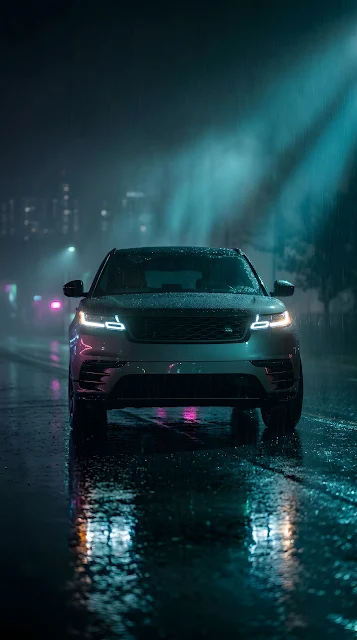 Dramatic Front View of a Luxury SUV in a Rainy, Foggy Night Environment - Free mobile Wallpaper