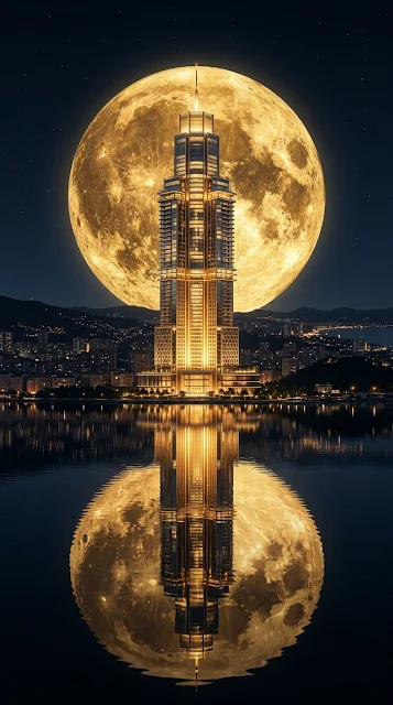 Dramatic Golden City Skyscraper and Giant Eclipse Moon Reflection - Free 4K & 8K mobile Wallpaper