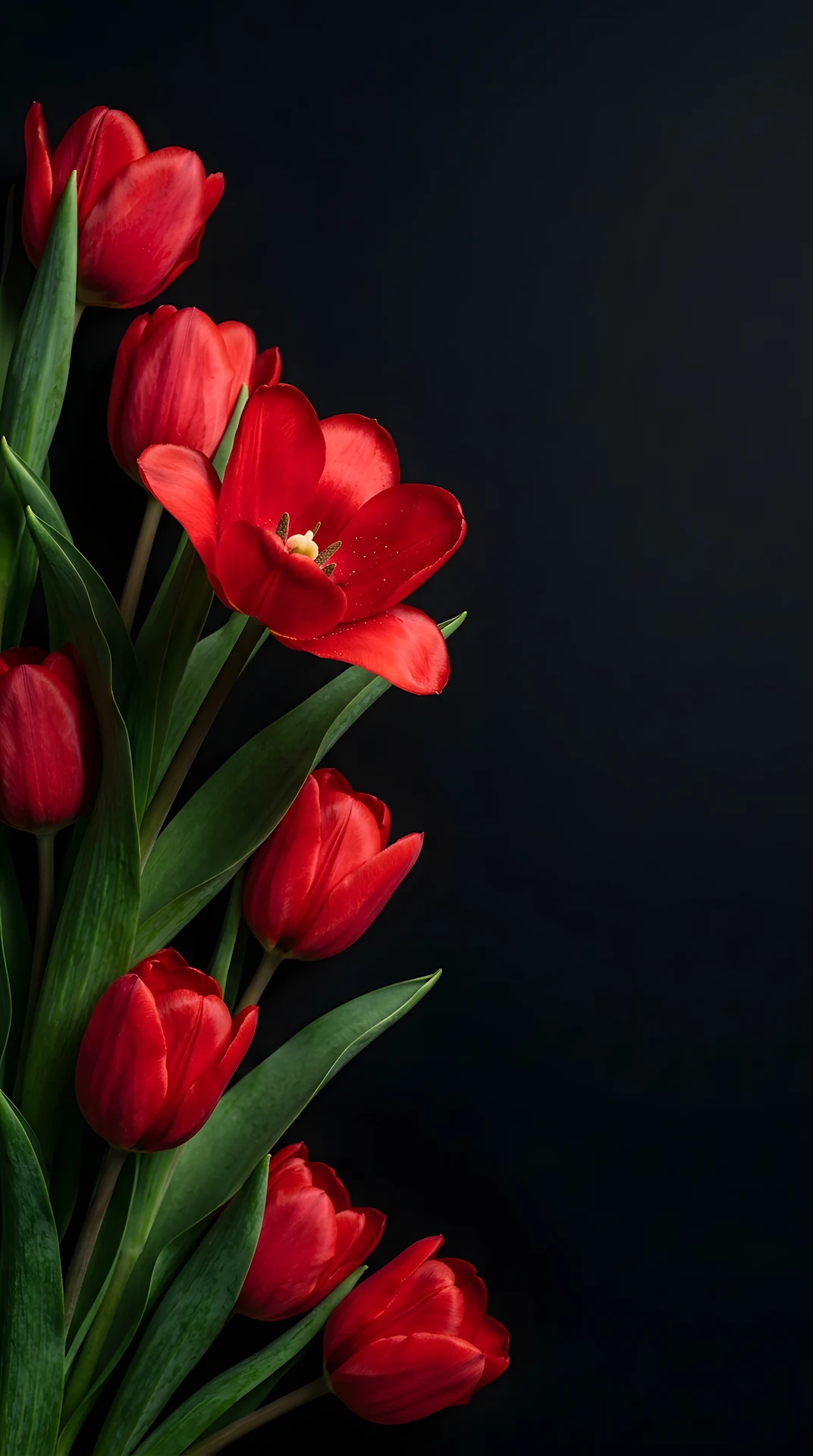 Dramatic High Contrast Photograph of Red Tulips on a Matte Black Background - Free 4K mobile Wallpaper