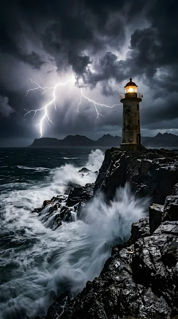 Dramatic Lighthouse on Coastal Cliff During Turbulent Night Storm - Free mobile Wallpaper