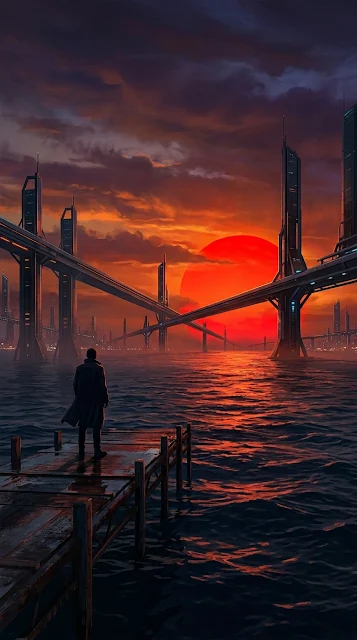 Dramatic Minimalist Seascape with Metallic Structures and Sunset - Free 4K & 8K mobile Wallpaper