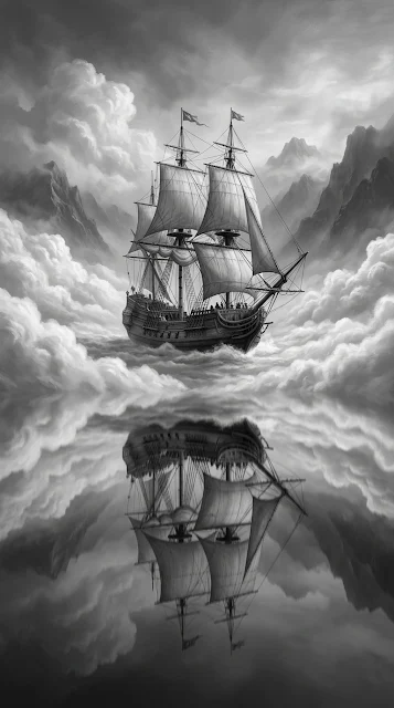 Dramatic Monochrome Sailing Ship in Mirrored Clouds and Misty Water - Free 4K & 8K mobile Wallpaper