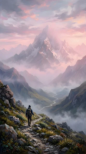 Dramatic Mountain Landscape with Lone Traveler at Dawn - Free mobile Wallpaper