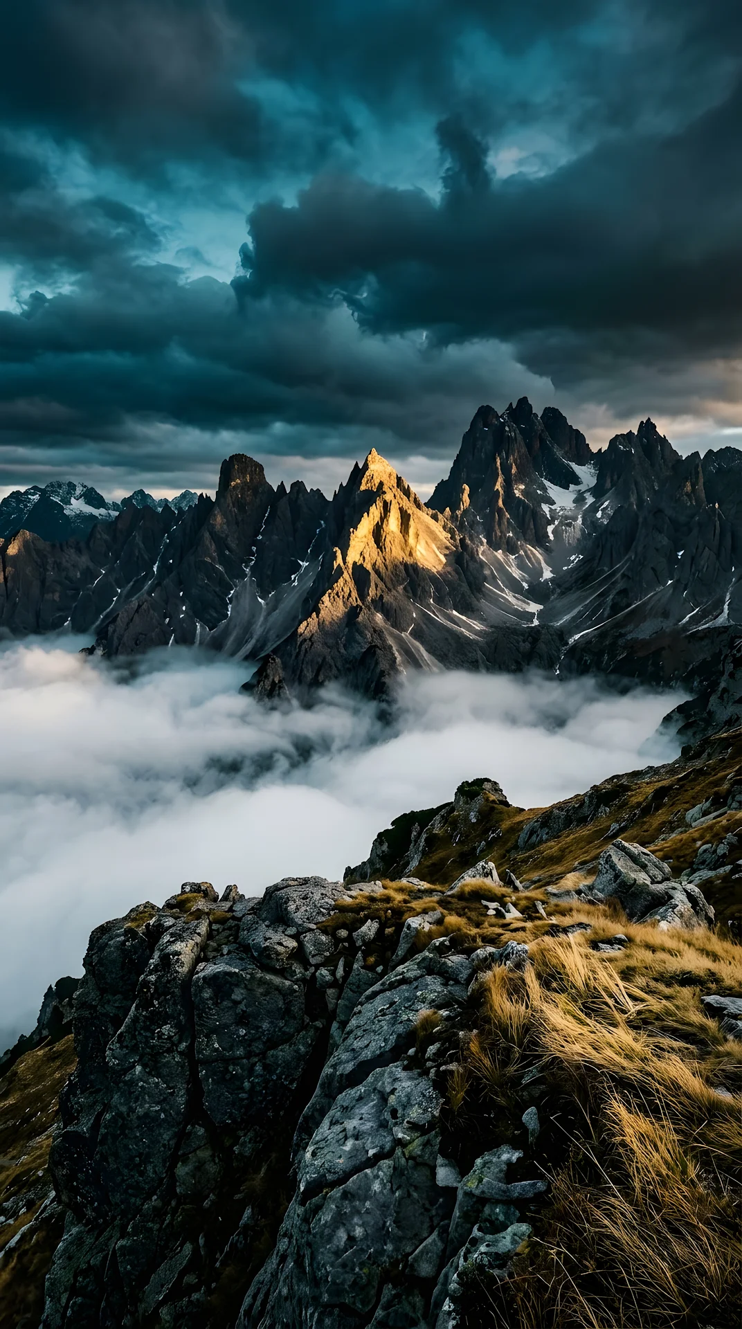 Dramatic Mountain Peaks with Golden Sunlight and Volumetric Clouds - Free 4K mobile Wallpaper