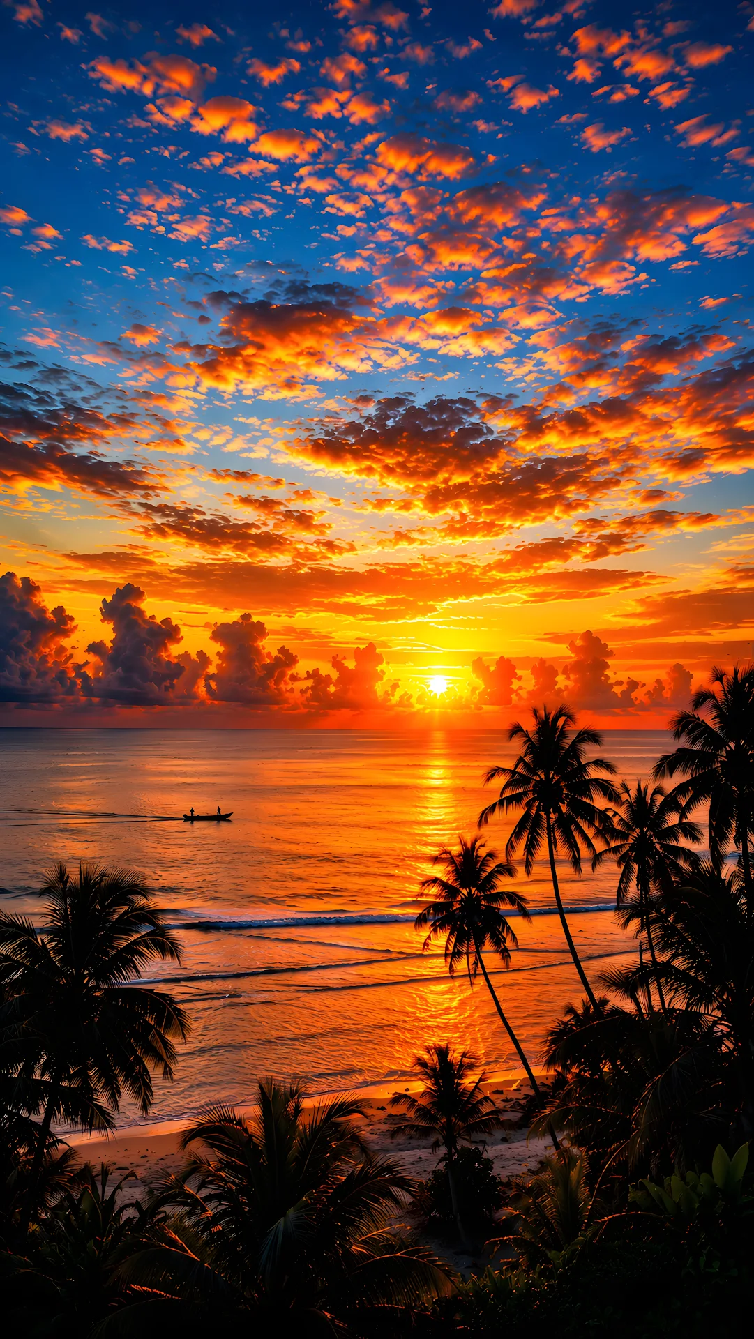 Dramatic orange and blue sunset sky over ocean with silhouetted palm trees - Free 4K mobile Wallpaper