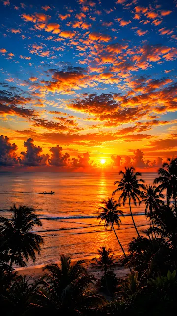 Vertical landscape shot of a intense orange sunset sky with dramatic cloud textures over an ocean with silhouetted palm trees.
