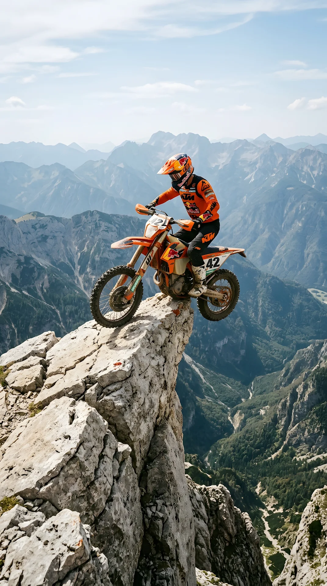 Dramatic Photograph of a Motocross Rider Perched on a Steep Cliff Overlooking a Valley - Free 4K mobile Wallpaper