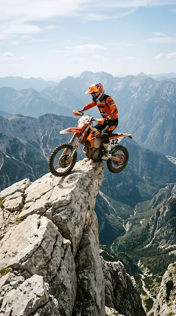Dramatic Photograph of a Motocross Rider Perched on a Steep Cliff Overlooking a Valley - Free mobile Wallpaper