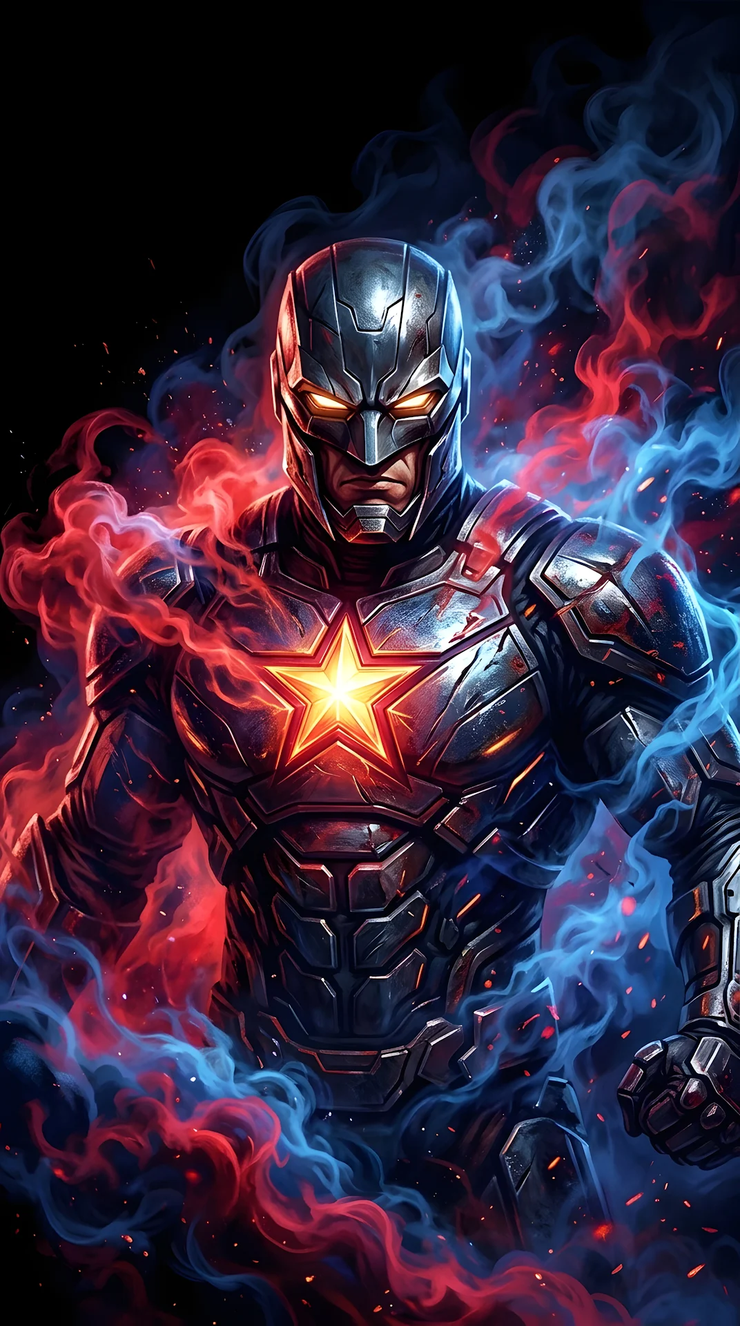 Dramatic Portrait of Captain America Emerging from Red and Blue Smoke - Free 4K mobile Wallpaper