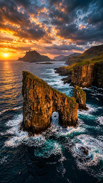 Towering ocean rock arch rises from foaming turquoise water beneath dramatic orange storm clouds.