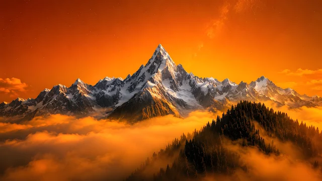 A sharp snow-capped mountain peak towering over thick orange clouds illuminated by intense golden sunset light.