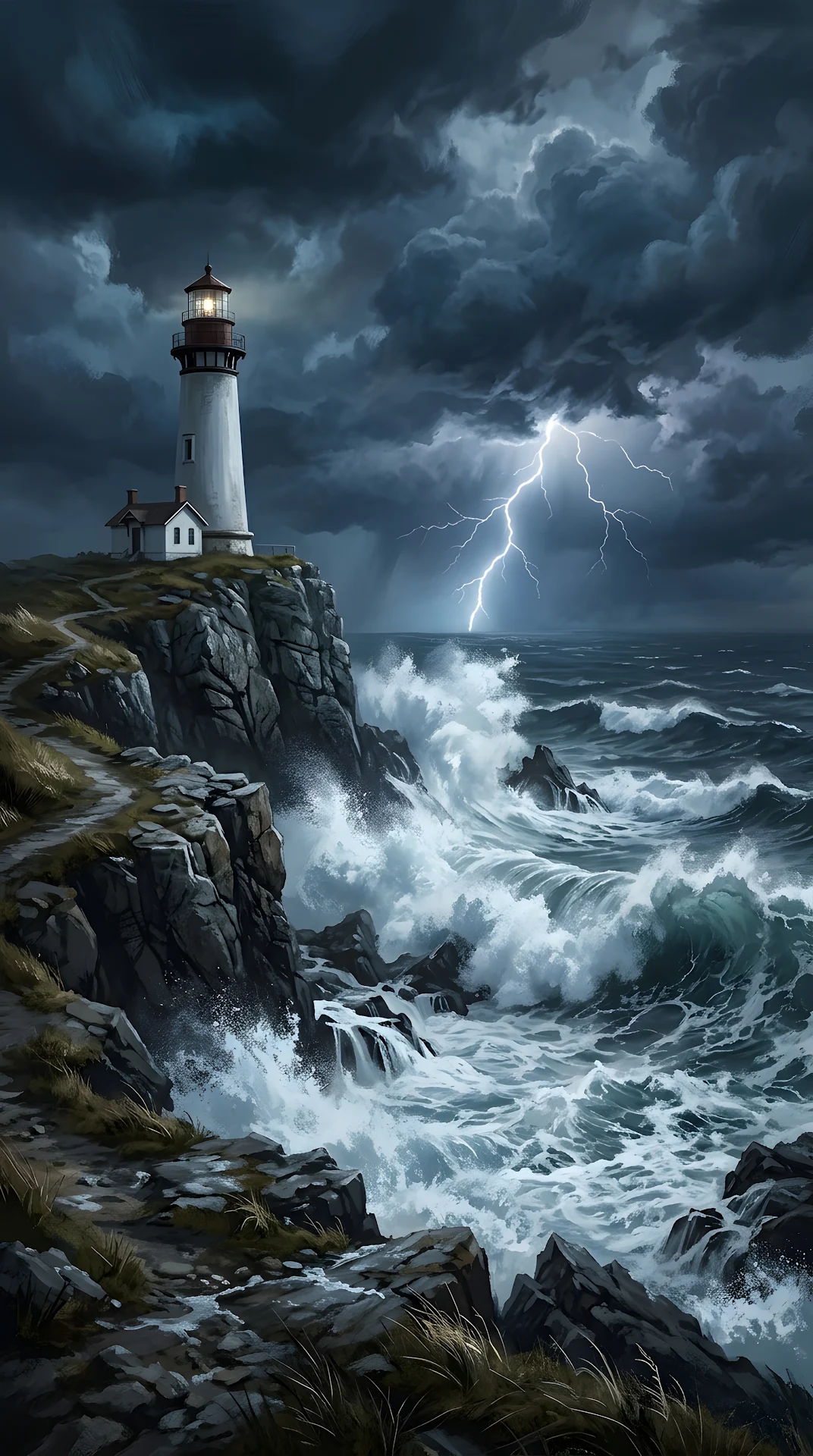 Dramatic Stormy Cliffside Lighthouse with Crashing Ocean Waves - Free 4K mobile Wallpaper