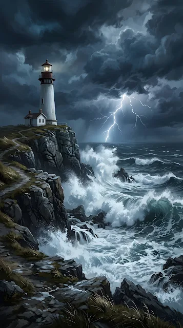 Dramatic Stormy Cliffside Lighthouse with Crashing Ocean Waves - Free mobile Wallpaper