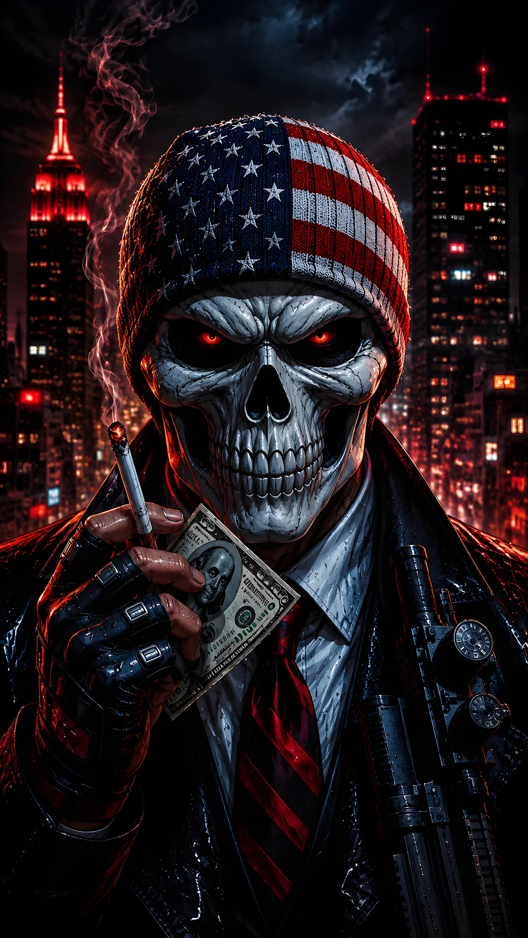 Dramatic urban skull character holding currency in dark city setting - Free 4K mobile Wallpaper