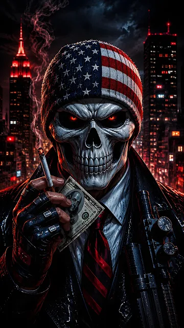 Skull character in leather jacket wearing a stars and stripes beanie holding money in a nighttime city backdrop.