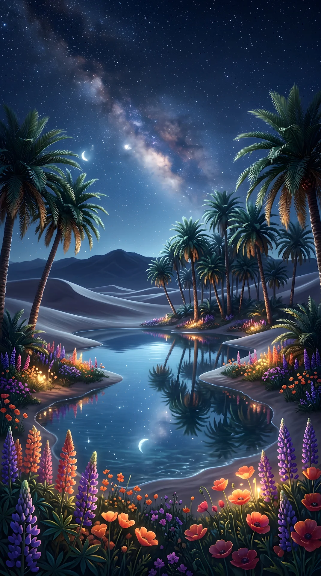 Dreamlike Starlit Desert Oasis Digital Painting - Free 4K mobile Wallpaper