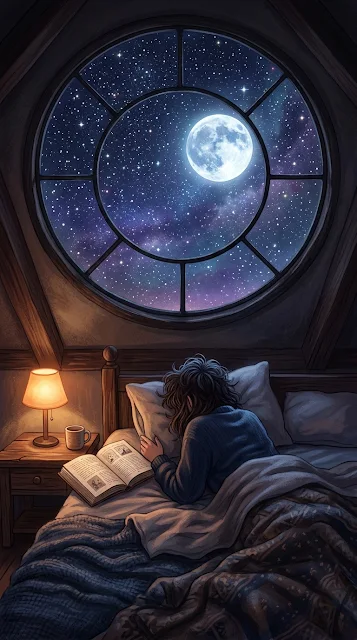 Dreamy Bedroom Scene with Person Gazing Through Skylight at Moon - Free 4K & 8K mobile Wallpaper