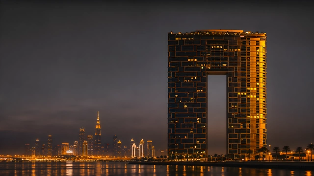 Address Beach Resort arch skyscraper illuminated at night across the water with the Dubai skyline.