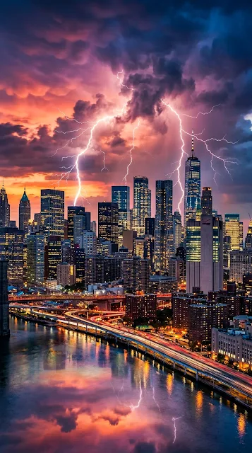 Dynamic Cityscape at Dusk with Lightning Streaks and Dramatic Clouds - Free 4K & 8K mobile Wallpaper