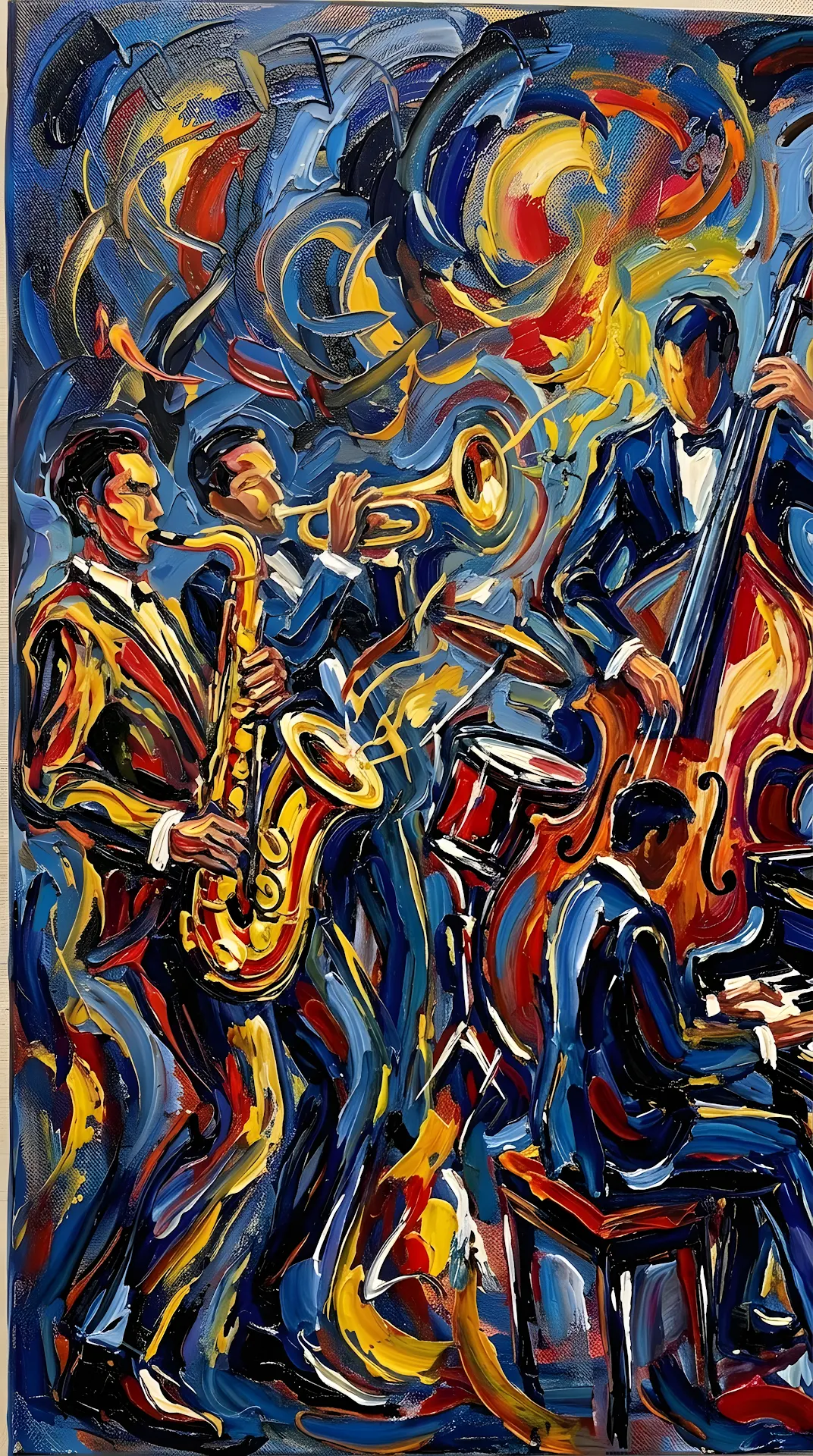 Dynamic Jazz Performance Abstract Painting with Impasto Texture - Free 4K mobile Wallpaper