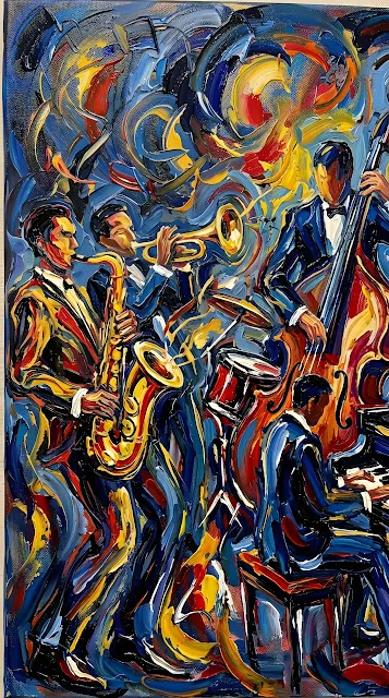 Dynamic Jazz Performance Abstract Painting with Impasto Texture - Free mobile Wallpaper