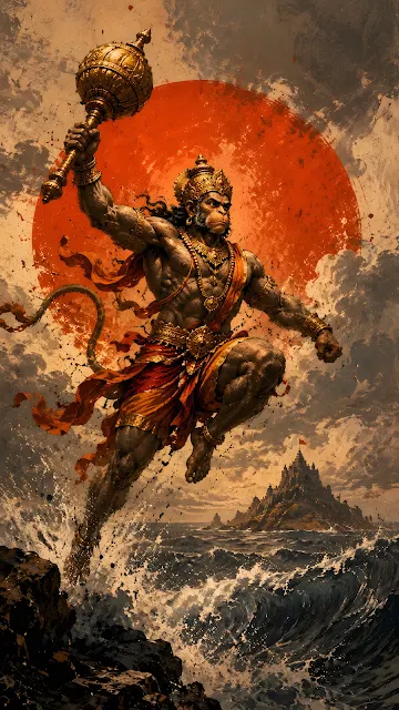 Dramatic painterly illustration of Lord Hanuman leaping through the air over a stormy ocean holding a golden mace before a red sun.