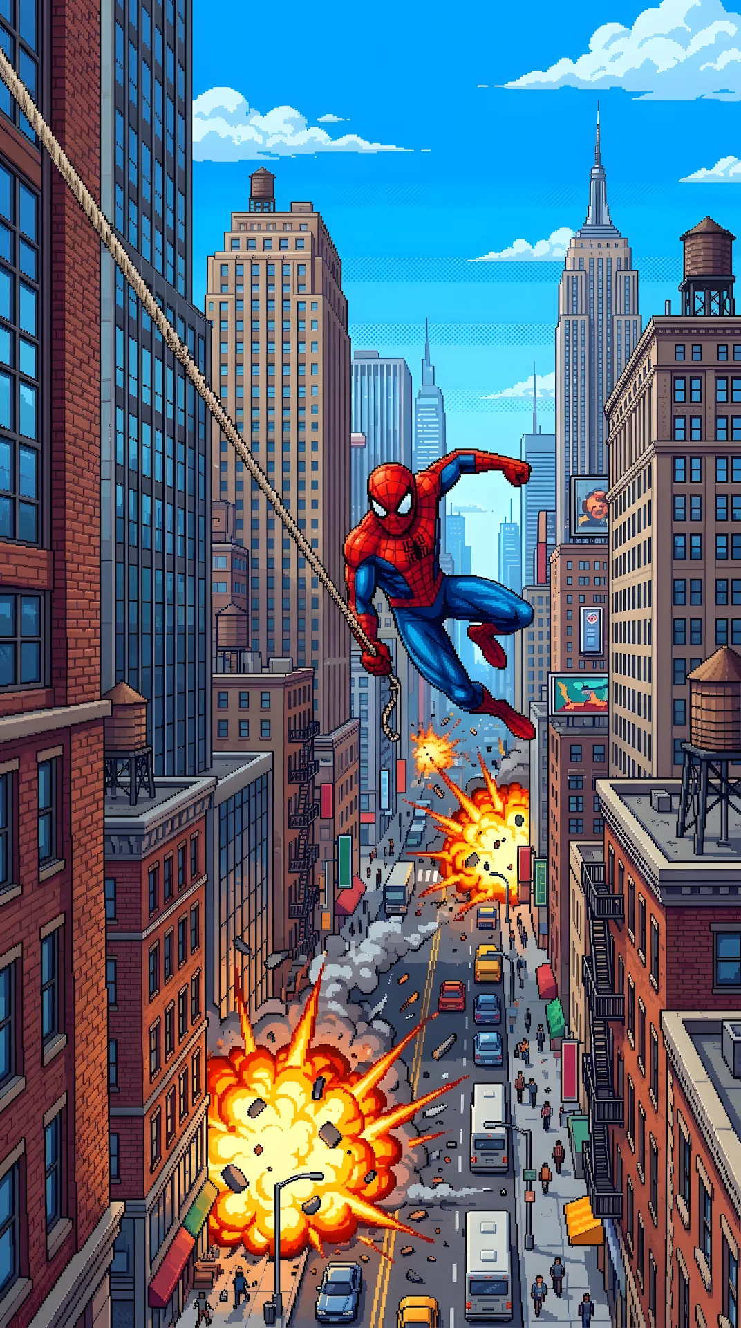 Dynamic Pixel Art Illustration of a Masked Superhero Swinging Through NYC - Free 4K mobile Wallpaper