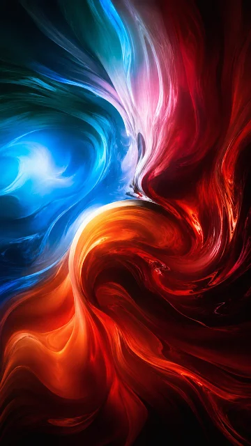 An abstract visual vortex of swirling molten red-orange fluid clashing against vivid icy blue paint in deep motion.