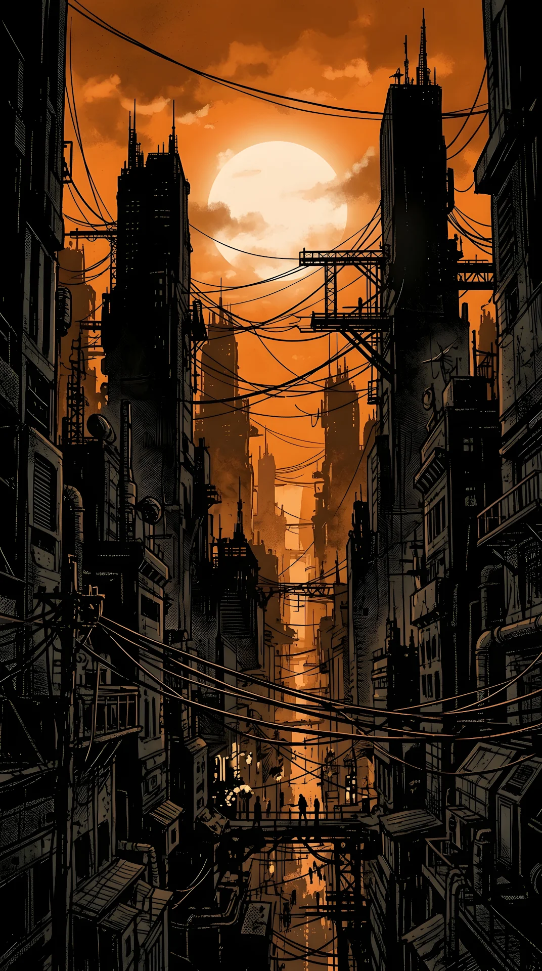 Dystopian Industrial Cityscape with Giant Sun and Black Silhouettes - Free 4K mobile Wallpaper