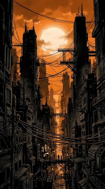 Dystopian Industrial Cityscape with Giant Sun and Black Silhouettes - Free mobile Wallpaper