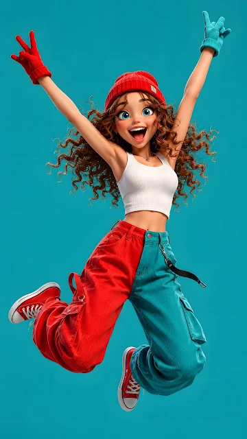 A 3D render of a young girl with blue eyes and a red beanie screaming in joy with gloved hands raised high against a solid teal background.