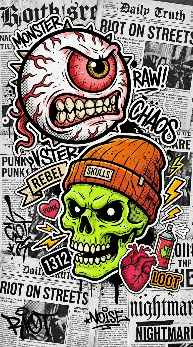 Edgy Street Art Collage of Screaming Eyeball and Green Skull - Free 8K and 4K mobile Wallpaper Background