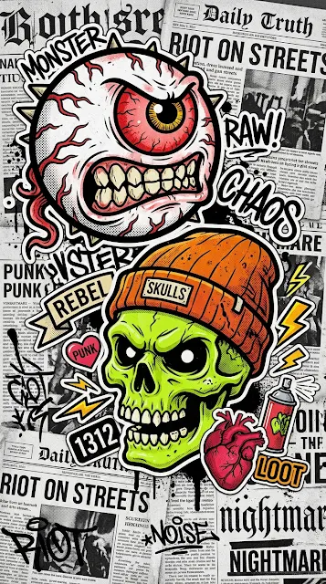 Edgy Street Art Collage of Screaming Eyeball and Green Skull - Free 4K & 8K mobile Wallpaper