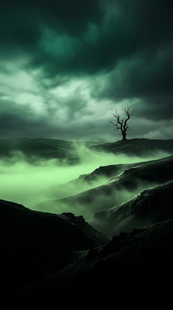 Eerie Green Foggy Hill and Lone Tree Moody Mobile Wallpaper - Free 4K & 8K mobile Wallpaper