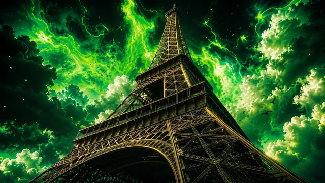 Low angle view of the Eiffel Tower base rising toward a dark sky filled with green lightning and clouds.