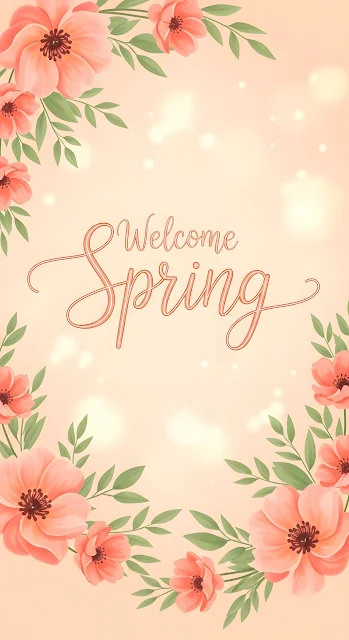 Elegant Calligraphy 'Welcome Spring' with Peach Floral Illustration - Free mobile Wallpaper