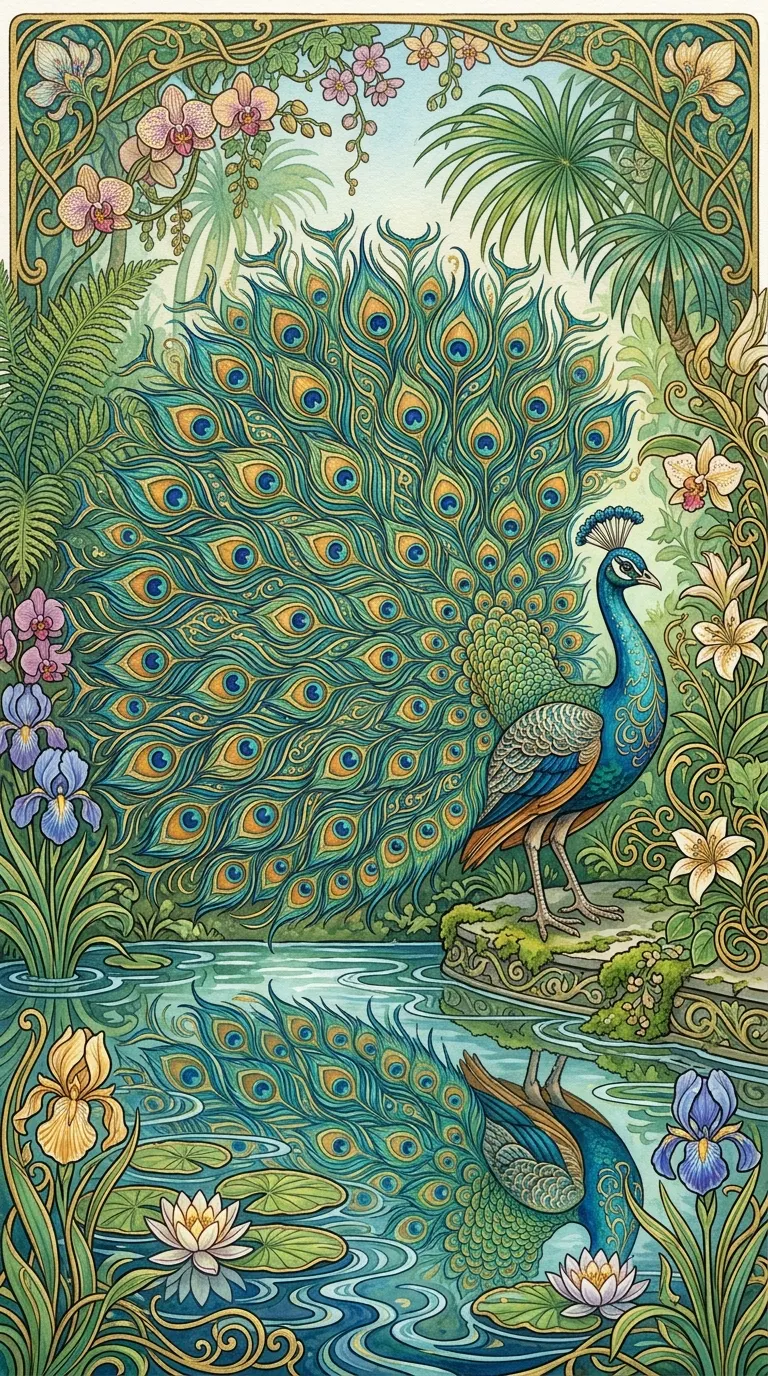 Download Elegant Peacock Beside Tranquil Pond in Art Nouveau Style Wallpaper in 4K UHD Elegant Peacock Beside Tranquil Pond in Art Nouveau Style - Free 8K and 4K mobile Wallpaper Background
