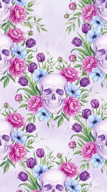 Elegantly Seamless Watercolor Pastel Skulls and Pink Flowers Pattern - Free 4K & 8K mobile Wallpaper