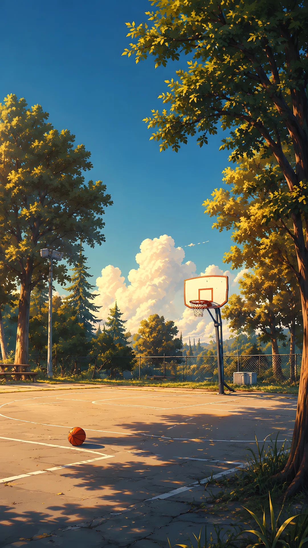 Empty outdoor basketball court surrounded by trees at sunset - Free 4K mobile Wallpaper