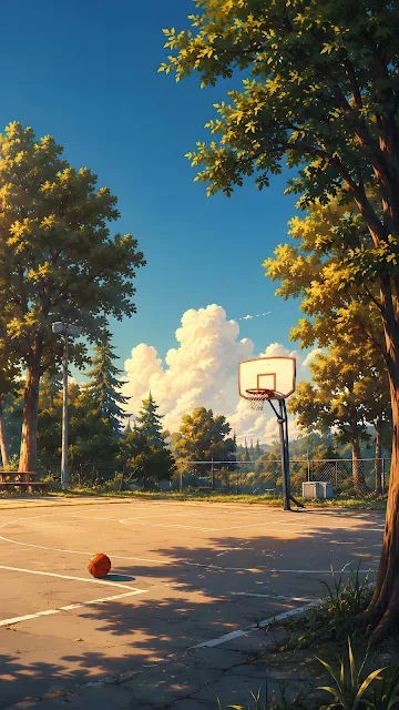 An empty outdoor basketball court with a hoop and a basketball on the concrete ground surrounded by lush trees under a clear sky.
