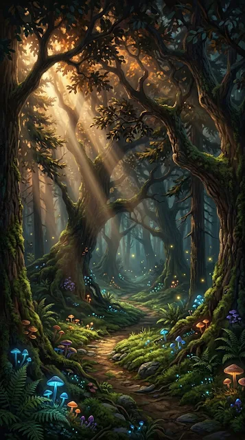 Enchanted Forest at Dusk with Luminescent Mushrooms - Free 4K & 8K mobile Wallpaper