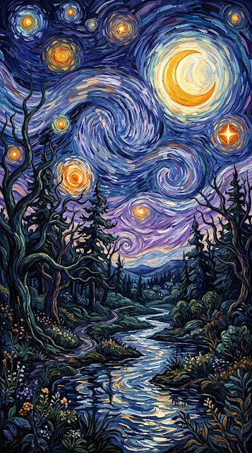 Enchanted Forest Under Moonlit Sky in Van Gogh Style - Free 4K & 8K mobile Wallpaper